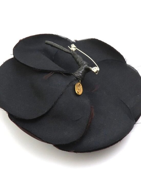 Auth CHANEL Camellia Flower Brooch Dark Brown Satin